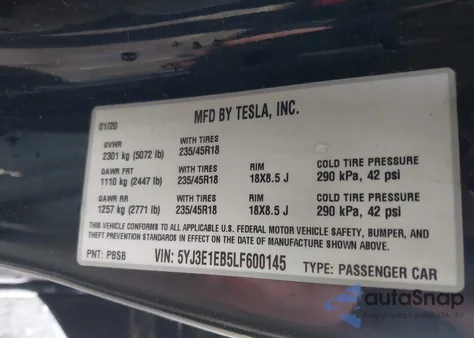 2020 Tesla Model 3 Long Range Dual Motor All-Wheel Drive from USA, damaged, VIN 5YJ3E1EB5LF600145
